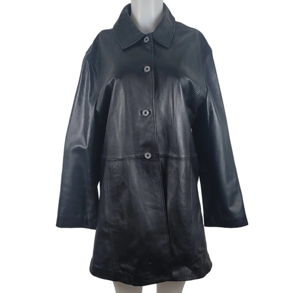 J. Jill Jackets & Blazers - J. Jill 100 % Lamb Leather Black Fully Lined 4 Button Closure Long Line Jacket